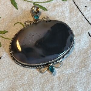 Agate/Blue Topaz Silver Pendant